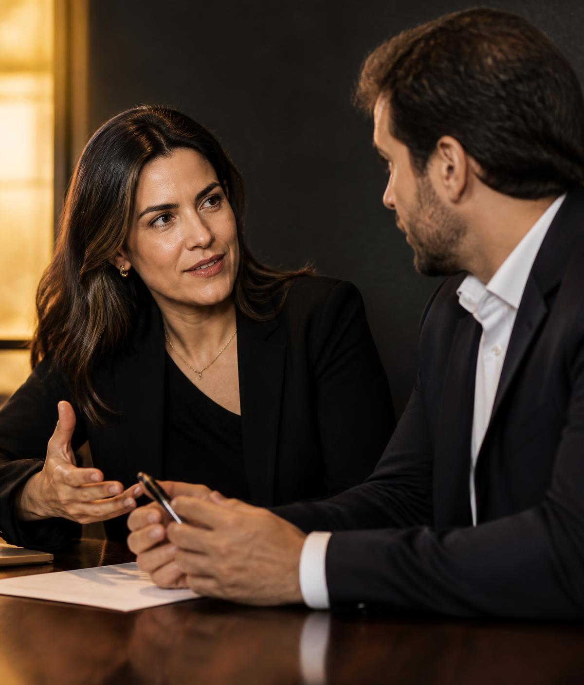 Consultores e empresária em conversa de trabalho